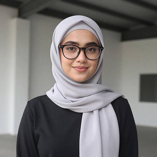Photograph of a smiling woman with light skin, wearing a white hijab, black glasses, and a black dress, standing indoors.