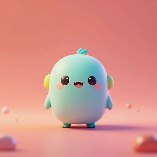 Cute, round, blue, pastel-colored CGI creature with a small leaf on top, smiling with pink cheeks, against a pink gradient background.