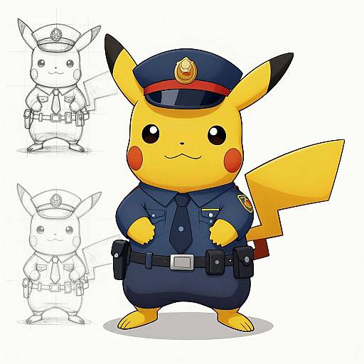 Digital drawing of Pikachu in a police uniform with a blue cap, tie, and belt, standing confidently, with two sketch versions on the left.