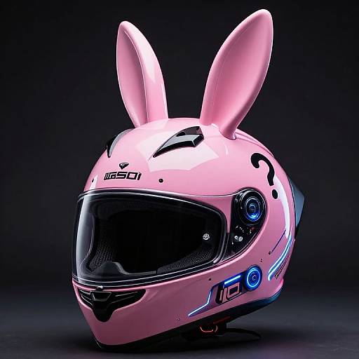 Photograph of a neon pink, bunny-ear-themed motorcycle helmet with black visor and blue accents, set against a dark background.
