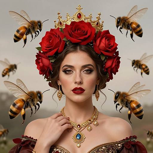 Digital art of a fair-skinned woman with red roses in her hair, wearing a gold crown, bee necklace, and red off-shoulder gown