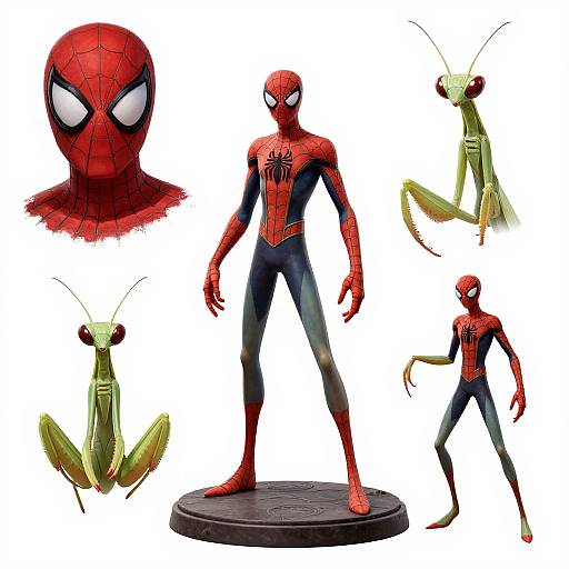Photograph of Spider-Man and five Spider-Gwen figures: one full-body, four different poses, and one close-up headshot. Bright red spider