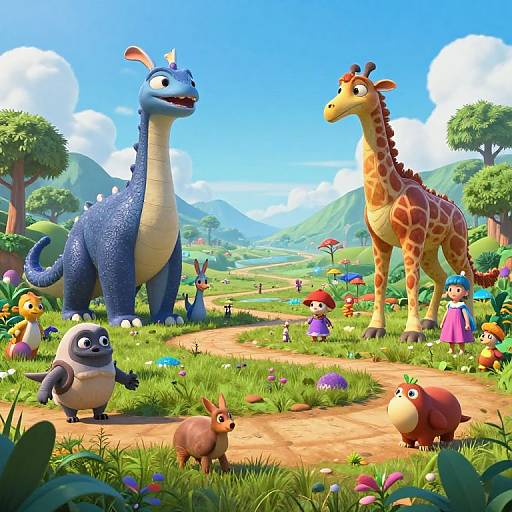 Vibrant CGI cartoon scene featuring blue dragon, giraffe, and diverse colorful animals in a sunny, lush, mountainous landscape with children in the