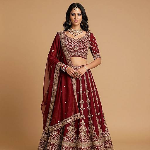 Photograph of a South Asian woman in a rich red, gold-embroidered traditional saree and crop top, adorned with jewelry, against a