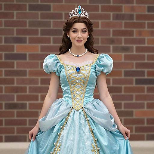 Photorealistic digital image of a smiling young woman with wavy brown hair, wearing a light blue satin princess dress, gold embroidery, blue gemstone