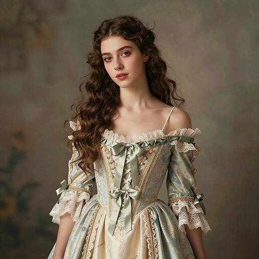 Young Woman in Vintage Ribbon-Adorned Gown