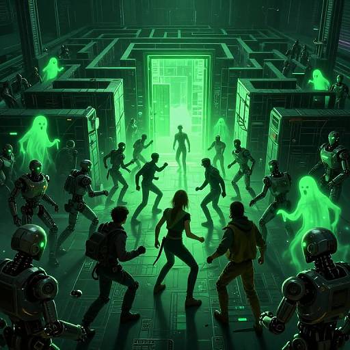 Digital artwork of green-lit, futuristic hallway with silhouetted soldiers and ghostly green figures in dynamic combat poses, surrounded by high-tech walls