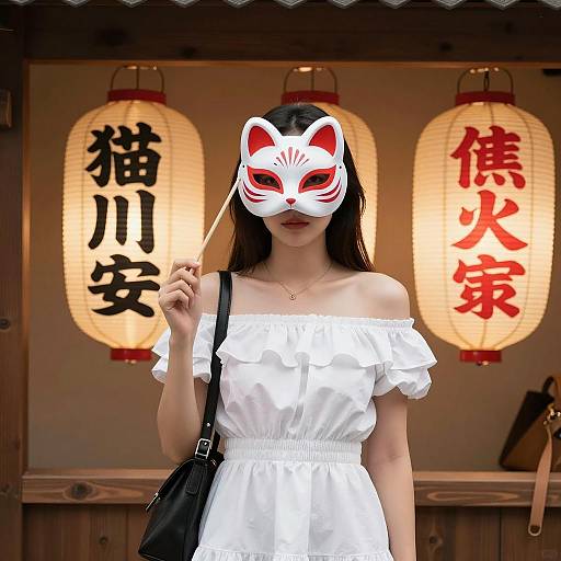 Mystical Woman in Fox Mask and Lanterns