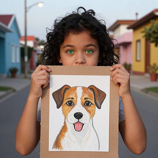 Photograph of a curly-haired child with green eyes holding a colored drawing of a happy brown and white dog, standing on a suburban street with colorful houses