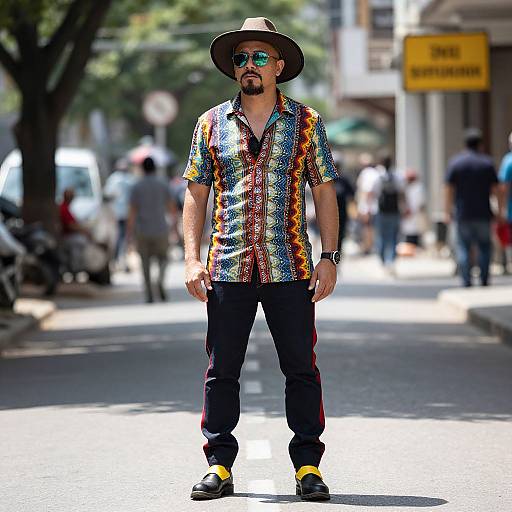 Photograph of a man with a colorful, patterned shirt, dark pants, yellow socks, black shoes, wide-brimmed hat, and sunglasses