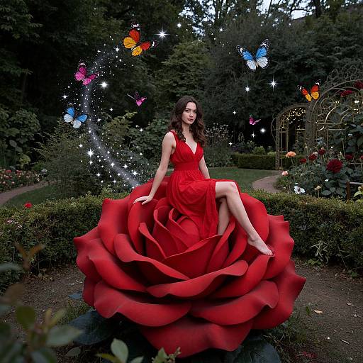 Photograph of a brunette woman in a red rose dress seated on a giant red rose, surrounded by colorful butterflies and sparkles in a lush garden.