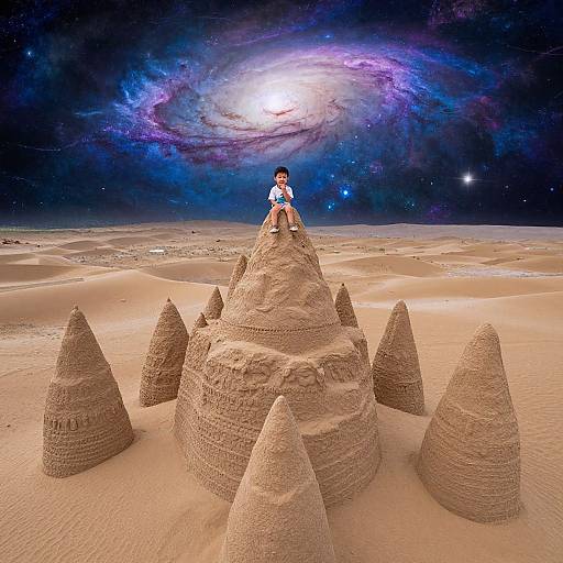 Photograph: Boy in white shirt and shorts sits atop large sandcastle with cone towers, under vibrant galaxy with swirls of purple and blue in star