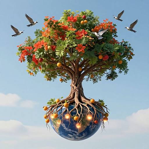 Digital artwork of a tree with red-orange flowers and orange fruits, roots growing from a floating Earth, surrounded by flying birds against a blue sky.