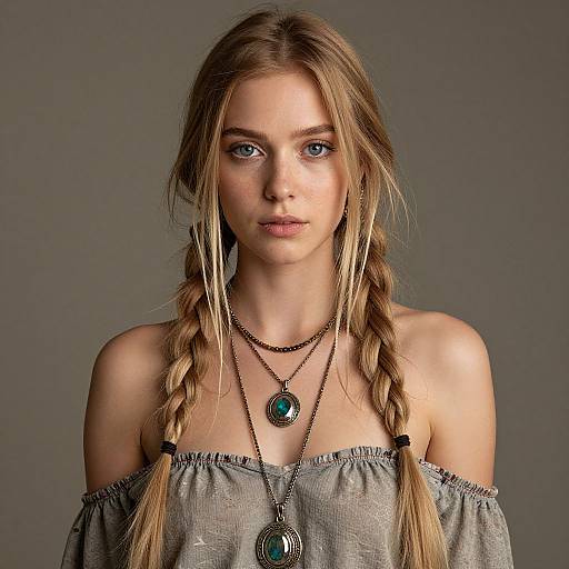Photograph of a young blonde woman with blue eyes, wearing an off-shoulder grey top, braided hair, and two green pendant necklaces