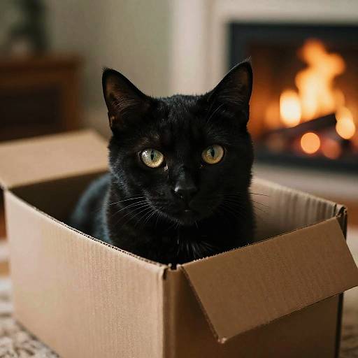 Photograph of a black cat with green eyes inside a cardboard box, looking directly at the camera, with a lit fireplace in the blurred background.
