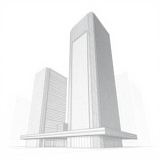 Black and white line drawing of two tall, modern skyscrapers with vertical lines creating a hatched texture, set against a white background.