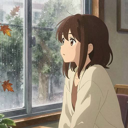 Anime-style digital drawing of a brown-haired girl in a white robe, gazing out a rainy window with autumn leaves.