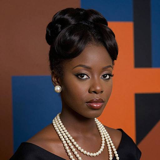 Photograph of a beautiful, dark-skinned woman with an elegant updo, wearing pearl earrings and a triple-strand pearl necklace, against a colorful