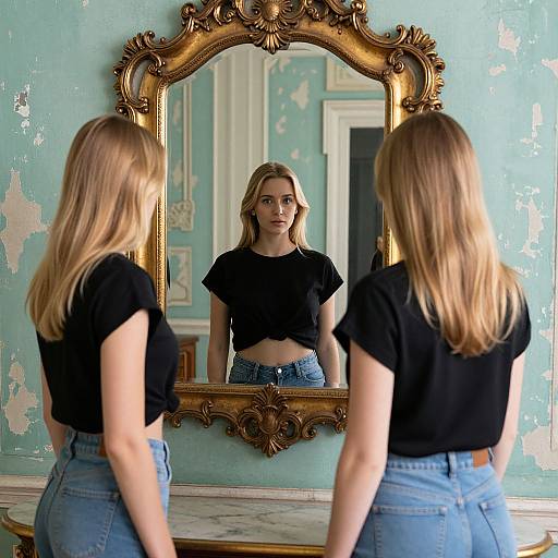 Photograph of a blonde woman in a black crop top and blue jeans standing before an ornate gold mirror, reflecting her serious expression in a worn,