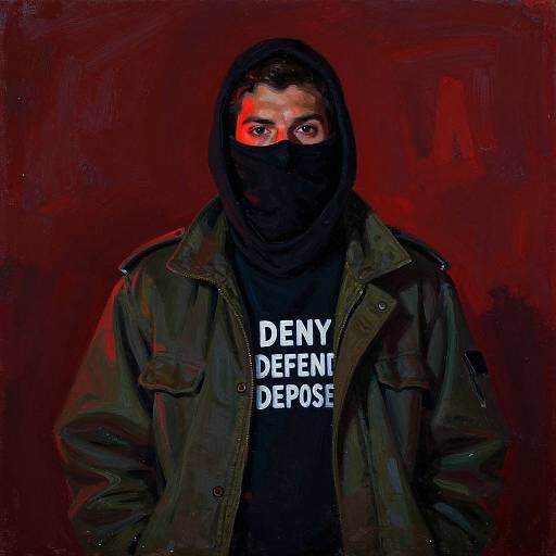 Digital painting of a masked man with glowing red eyes, wearing a black hoodie, green jacket, and 