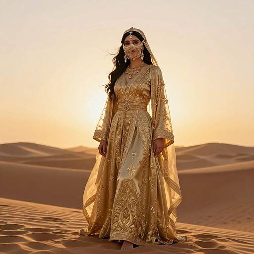 Photograph of a South Asian woman in an ornate gold traditional dress, adorned with intricate embroidery, standing in a sunlit desert with rolling sand d
