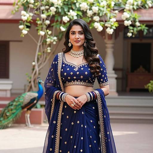 Photograph of an Indian woman with long black hair, wearing a navy blue embroidered saree and crop top, adorned with gold jewelry, standing outdoors with