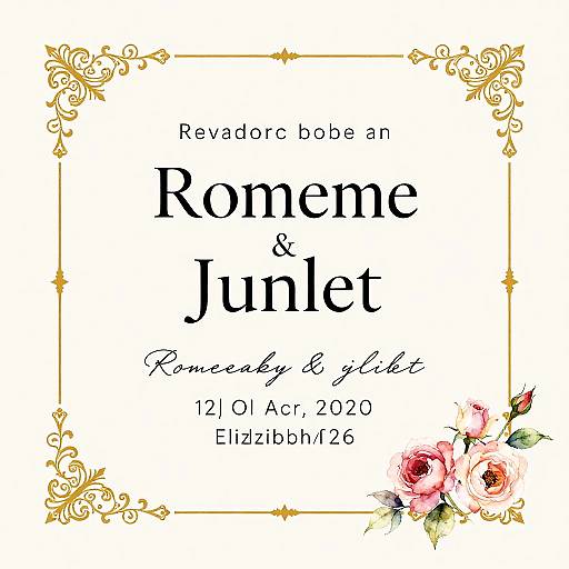 Vintage-style wedding invitation with gold floral corner accents, black text, and pink roses at bottom right, reading 