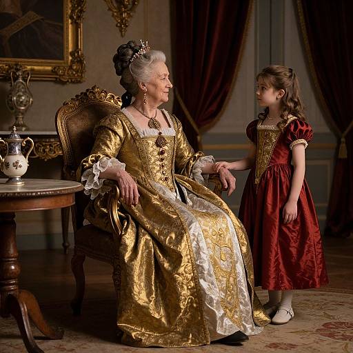 Photograph of an elderly woman in a gold, baroque-style gown with white lace, seated on an ornate chair, looking at a young girl