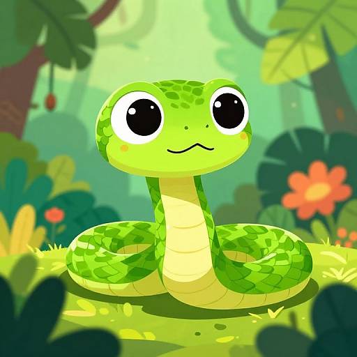 Cute digital drawing of a green snake with large, black, shiny eyes and a small smile, coiled in a sunlit forest with colorful plants