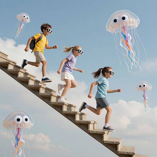 Photograph of three children in colorful clothes running up concrete steps against a bright blue sky, wearing jellyfish masks with flowing tentacles.
