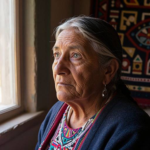Photograph of an elderly Indigenous woman with wrinkled skin, gray hair, and colorful traditional blouse, gazing out a window. Warm natural light highlights