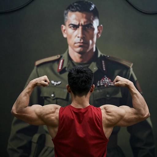 Powerful Man Confronts Military Portrait