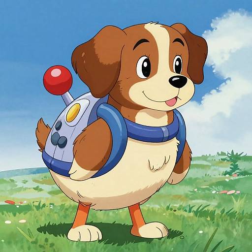 Cartoon-style image of a brown and white puppy with a blue backpack and red and yellow wand, standing on green grass under a bright blue sky with