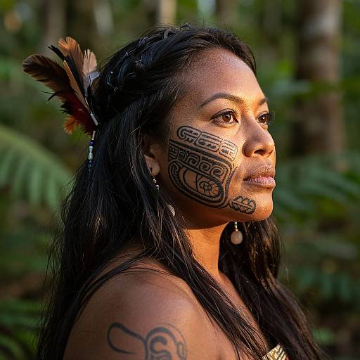Photograph of a Black woman with long black hair, feather headpiece, and intricate tribal face and arm tattoos, standing in a lush forest.
