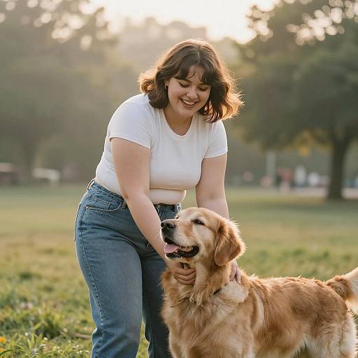 Plus-Size Woman Hugging Golden Retriever in Park