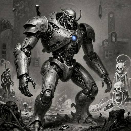 Digital painting of a towering, metallic robot with glowing blue eye, standing amidst a desolate, skull-filled apocalyptic cityscape. Dark, gritty,