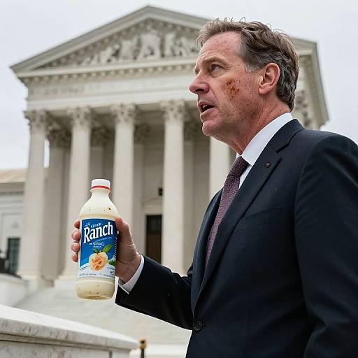 Photograph of a middle-aged man in a black suit, holding a bottle of RANCH milk, with blood on his face, standing in front of