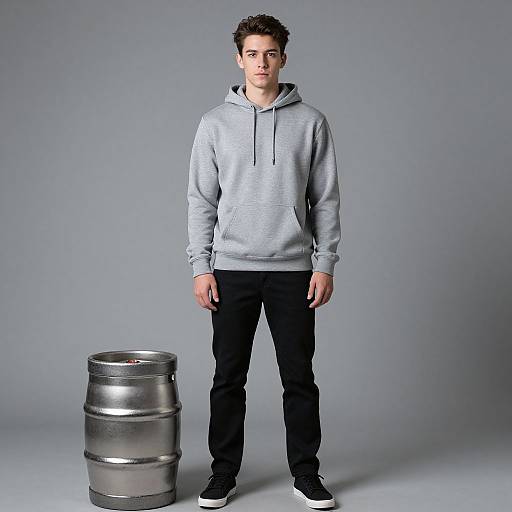 Photograph of a young Caucasian man with short brown hair, wearing a light gray hoodie, black pants, and white sneakers, standing in front of a