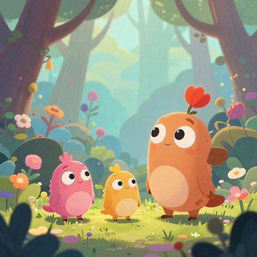 Whimsical digital illustration of three cute, round bird-like creatures with big eyes in a colorful, sunlit forest with vibrant flowers.