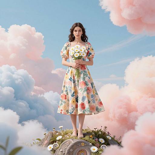 Digital artwork of a dark-haired woman in a floral dress holding flowers, standing on a flower-covered rock, surrounded by pink and white clouds against a blue