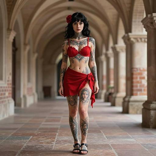 Tattooed Woman in Red Costume in Medieval Corridor