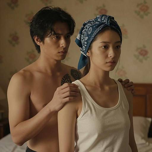 Serious Shirtless Man and Woman in Blue Headscarf