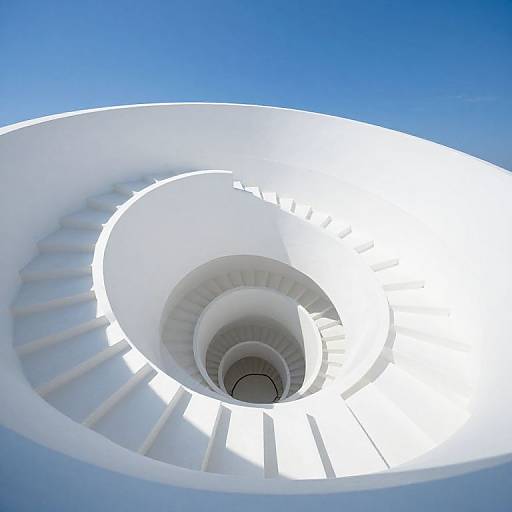 Photograph of a white, spiral staircase viewed from below, with bright blue sky in the background, creating a modern, abstract effect.