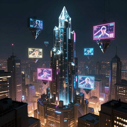 Cyberpunk Cityscape with Floating Crystals