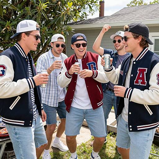 Five young men in casual attire and baseball jackets, holding drinks, celebrating outdoors with a house and trees in the background.