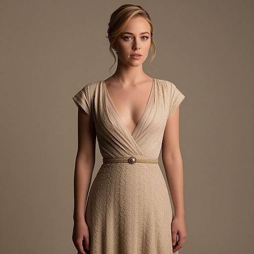 Photograph of a blonde woman with fair skin, wearing a beige, textured, V-neck dress with short sleeves and a belted waist, standing against