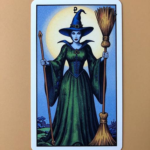 Digital illustration of a blue-skinned witch in a green dress, black hat with a buckle, holding a broom, against a full moon and blue
