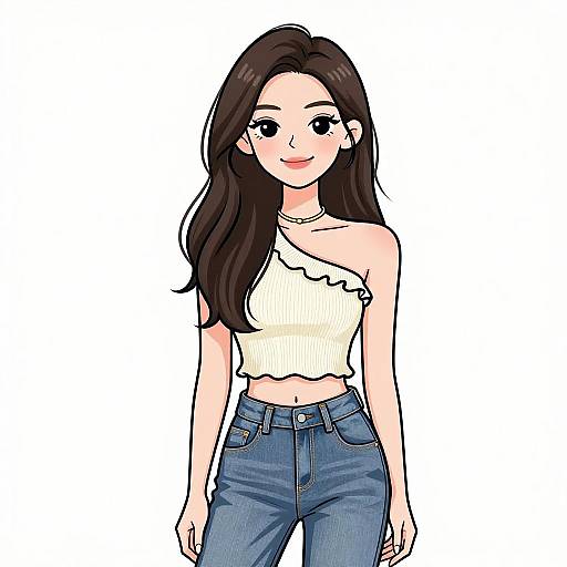 Digital anime-style drawing of a young woman with long black hair, wearing a white, one-shoulder crop top and blue jeans, standing against a