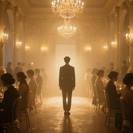 Photograph of a silhouetted man in a suit standing center in a foggy, opulent ballroom with chandeliers, surrounded by
