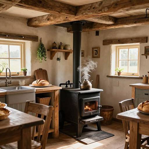 Cozy, rustic kitchen with wooden beams, black wood-burning stove, steam rising, sunlight through windows, bread on table, potted plants,